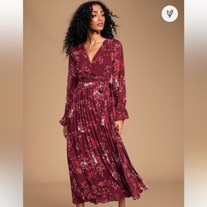 Lulu’s Khari Burgundy Floral Print Pleated Wrap Maxi Dress